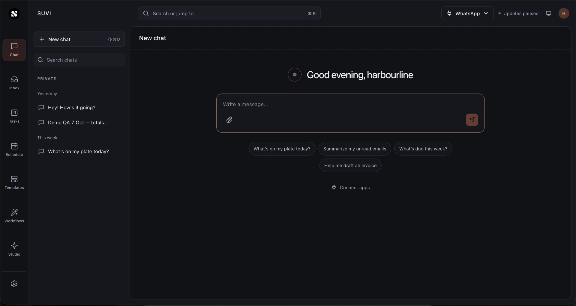 Suvi chat workspace with conversation history and a new message composer